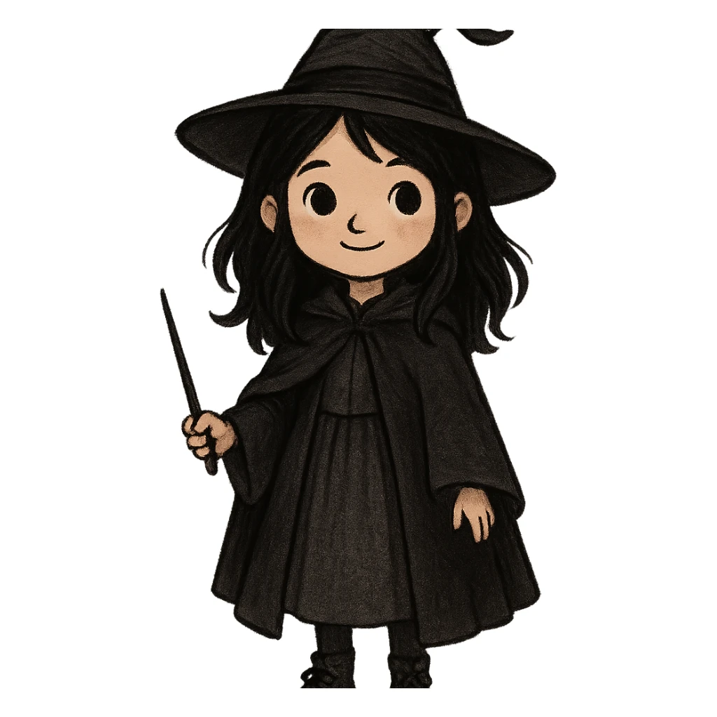 A cute witch with black hair and black eyes, Harry Potter style, full body. sticker