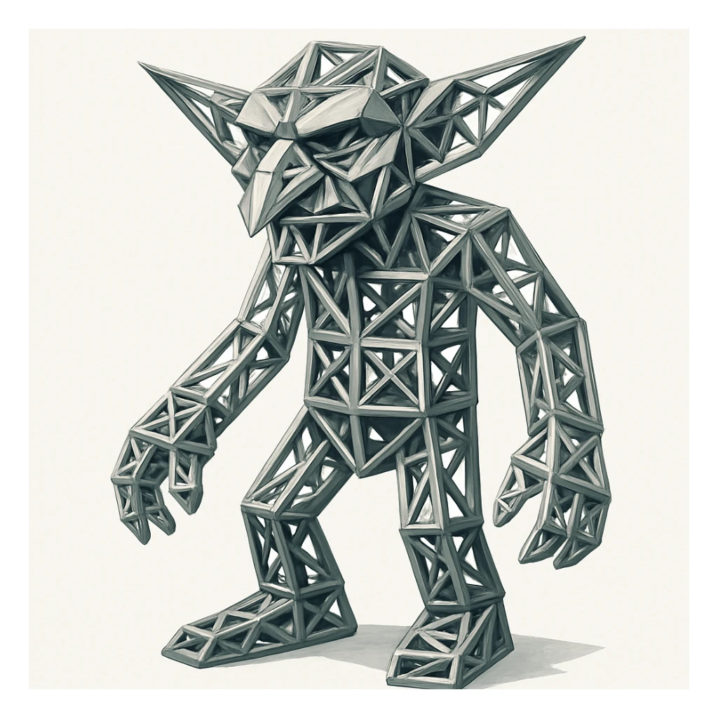 a whimsical full body goblin made of metallic architectural truss structures, white background sticker