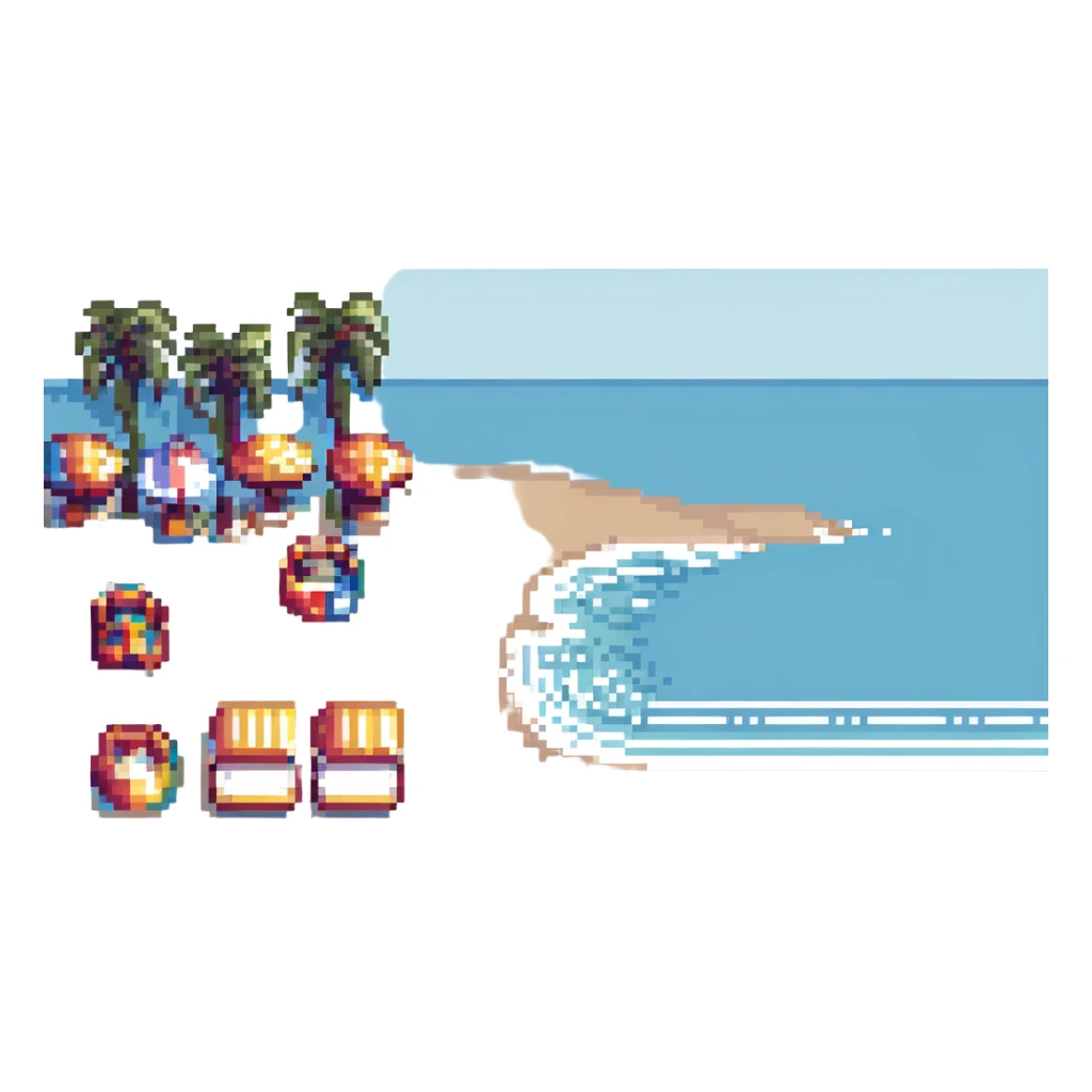 Barcelona beach scene in pixel art style sticker