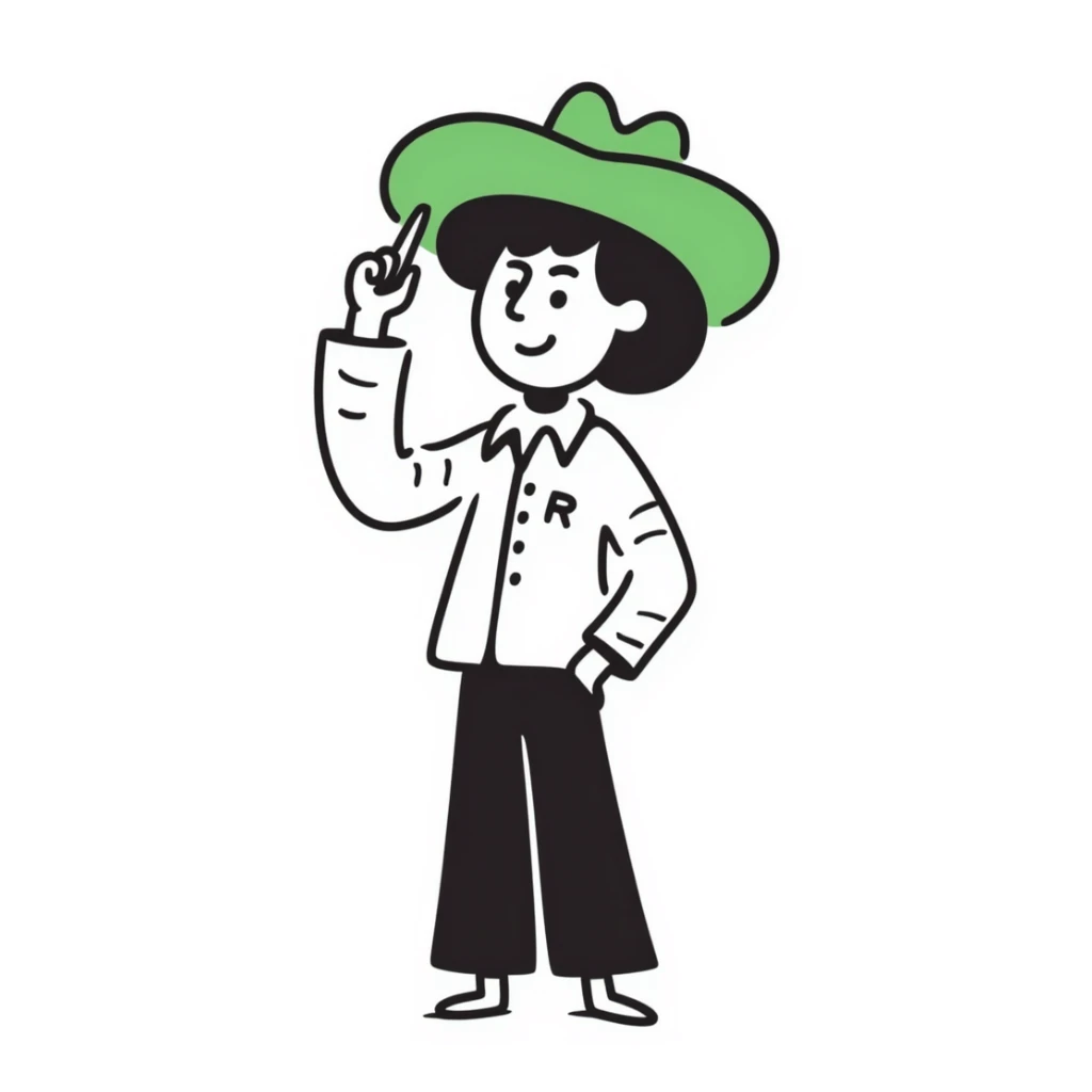 Cowboy wearing green hat with letter R on it sticker