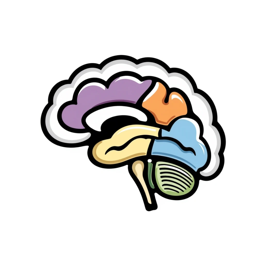 Hand-drawn anatomical brain cross-section showing different colored regions: purple cerebrum, orange cerebellum, blue brain stem, yellow thalamus, green hypothalamus. Detailed medical illustration with anatomical features clearly defined. sticker