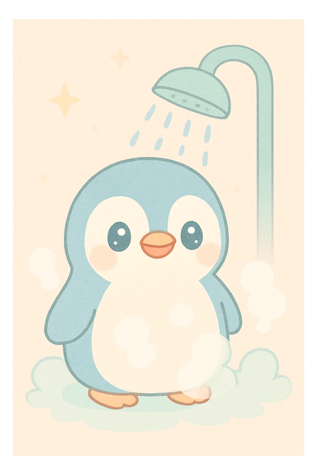 a penguin taking a cold shower, steam rising, playful illustration sticker