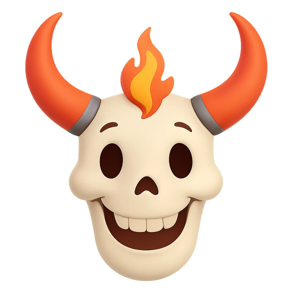Make the white bull skull with bright red-orange flaming horns look less scary, give it a friendly and approachable expression, keep the style consistent. Remove the background. sticker