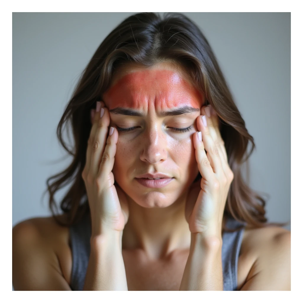woman with hands on temples, close-up face, forehead and temples area reddened, headache expression, realistic style, neutral background sticker