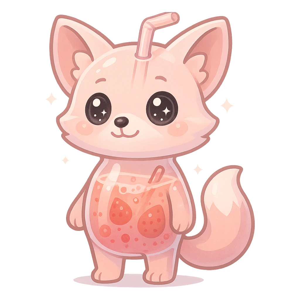 full-body cute blender fox with transparent body showing fruity smoothie inside, sparkling eyes, pastel pink color, transparent background sticker