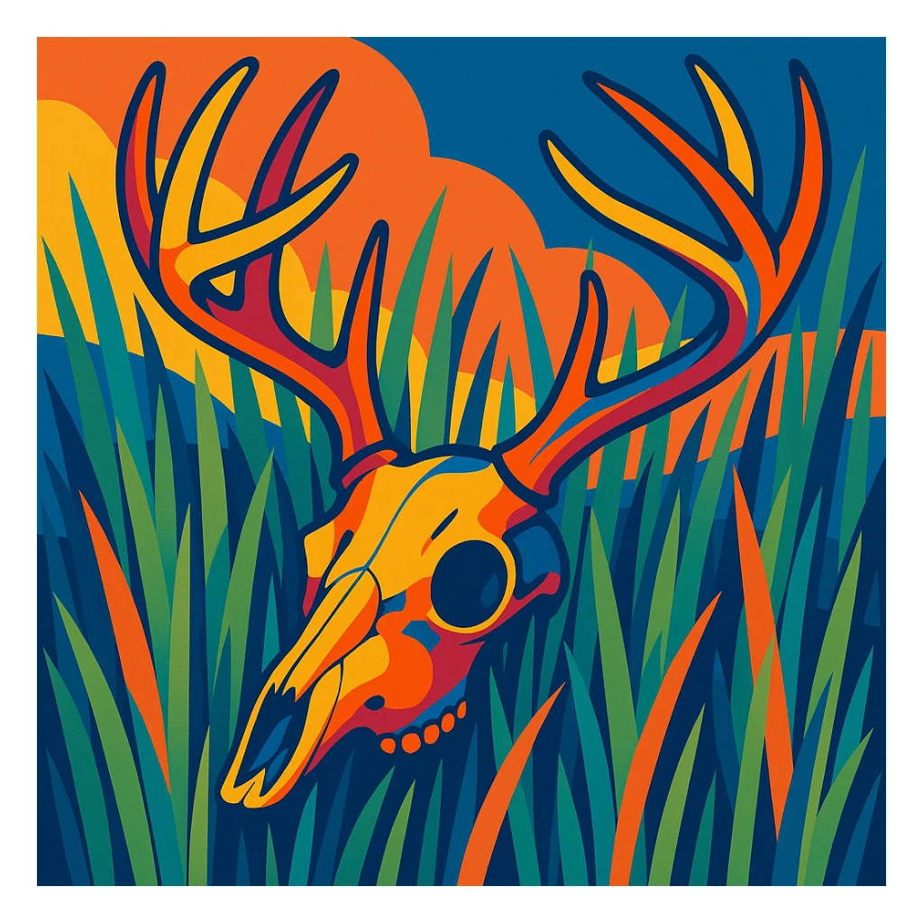deer skull in tall grass, vibrant colors, detailed illustration sticker