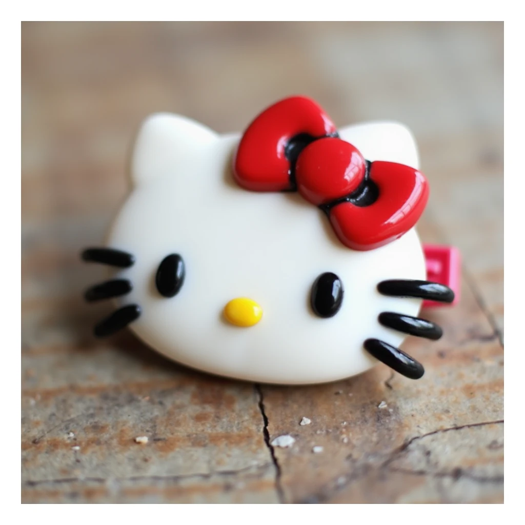 realistic Hello Kitty hair pin made of acrylic material, glossy finish, Hello Kitty's face with a red bow, product photography style sticker