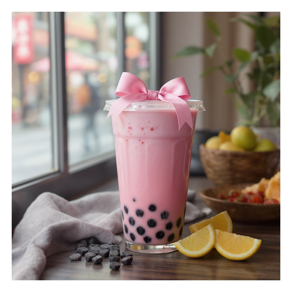 photorealistic elegant pink bubble tea with a bow, no background, transparent sticker