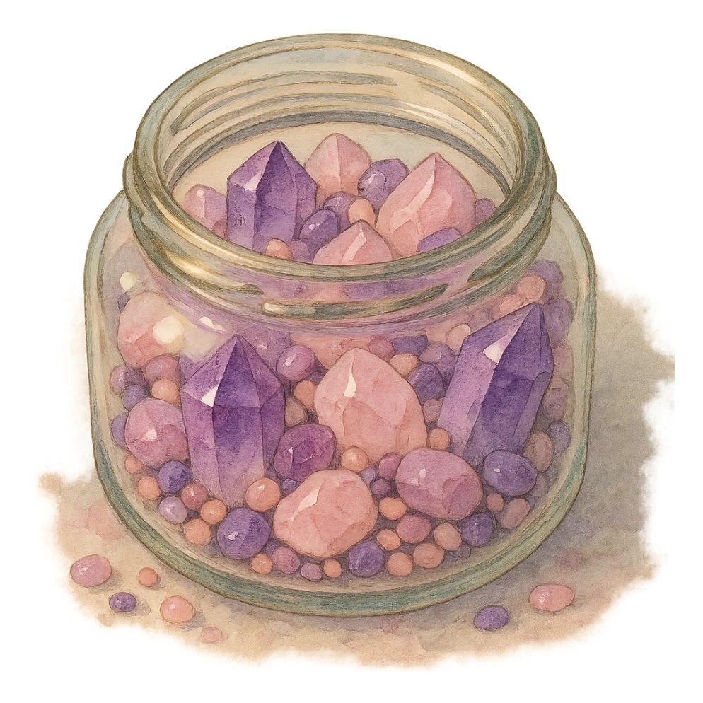 realistic amethyst and rose quartz crystal pieces in an open glass jar, different shapes and sizes, pretty small pebbles, mixed together, natural colors, soft, fairy-like atmosphere, no background, square size sticker