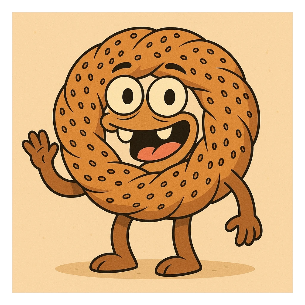cartoon Turkish simit monster with a simit as its head, goofy teeth, playful eyes sticker