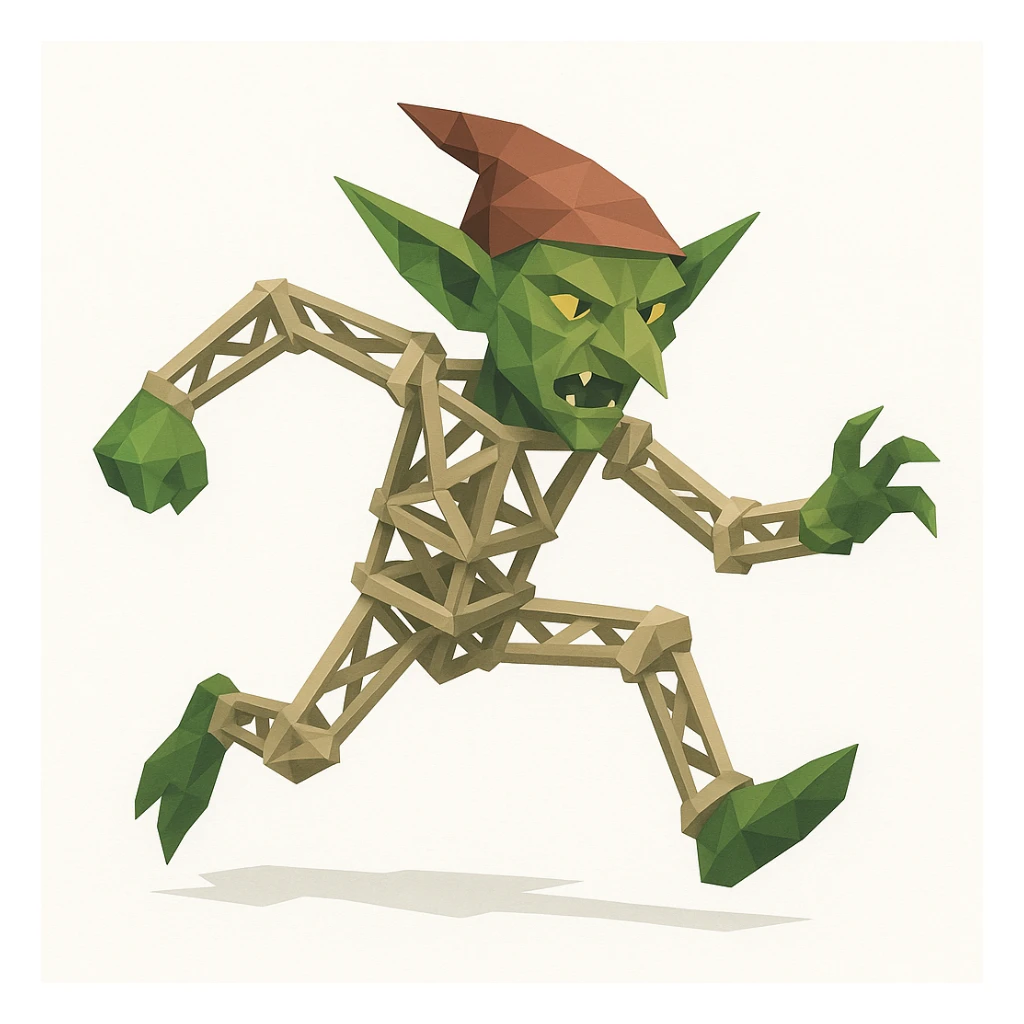 a fantasy goblin character with limbs and torso formed from lattice truss elements in a dynamic pose, white background sticker