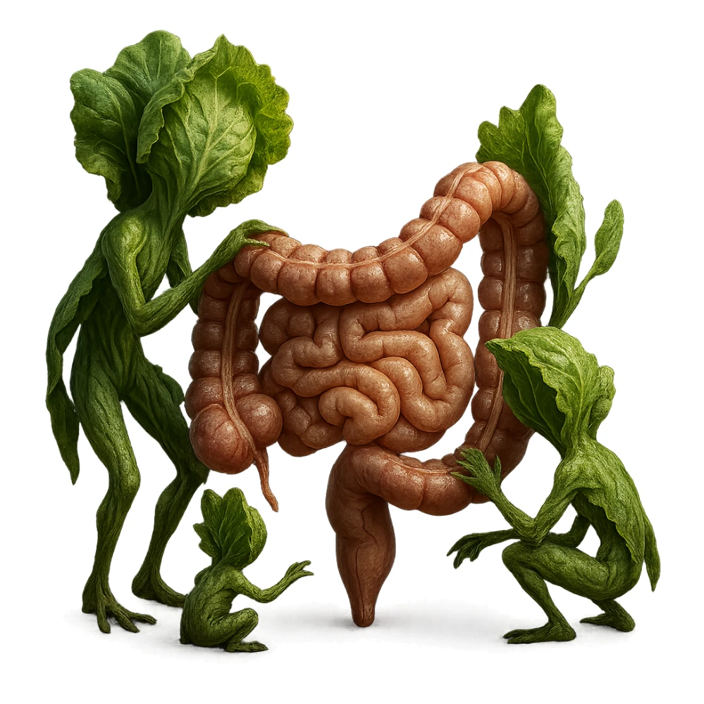 Ultra-realistic 4K illustration: stylized lettuce leaves depicted as plant-like creatures interacting with a human anatomical model of the intestine. The scene is surreal and scientific, with organic textures, refined biological details, dramatic lighting, and a bio-fantasy photorealistic style sticker