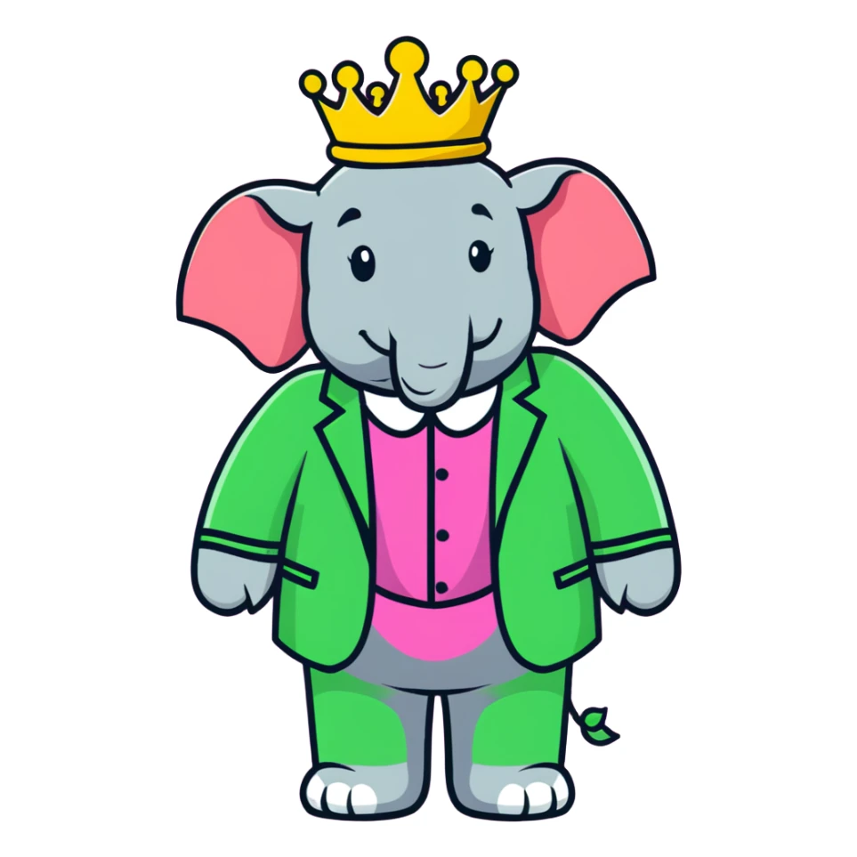 Babar the elephant king with crown and green suit sticker