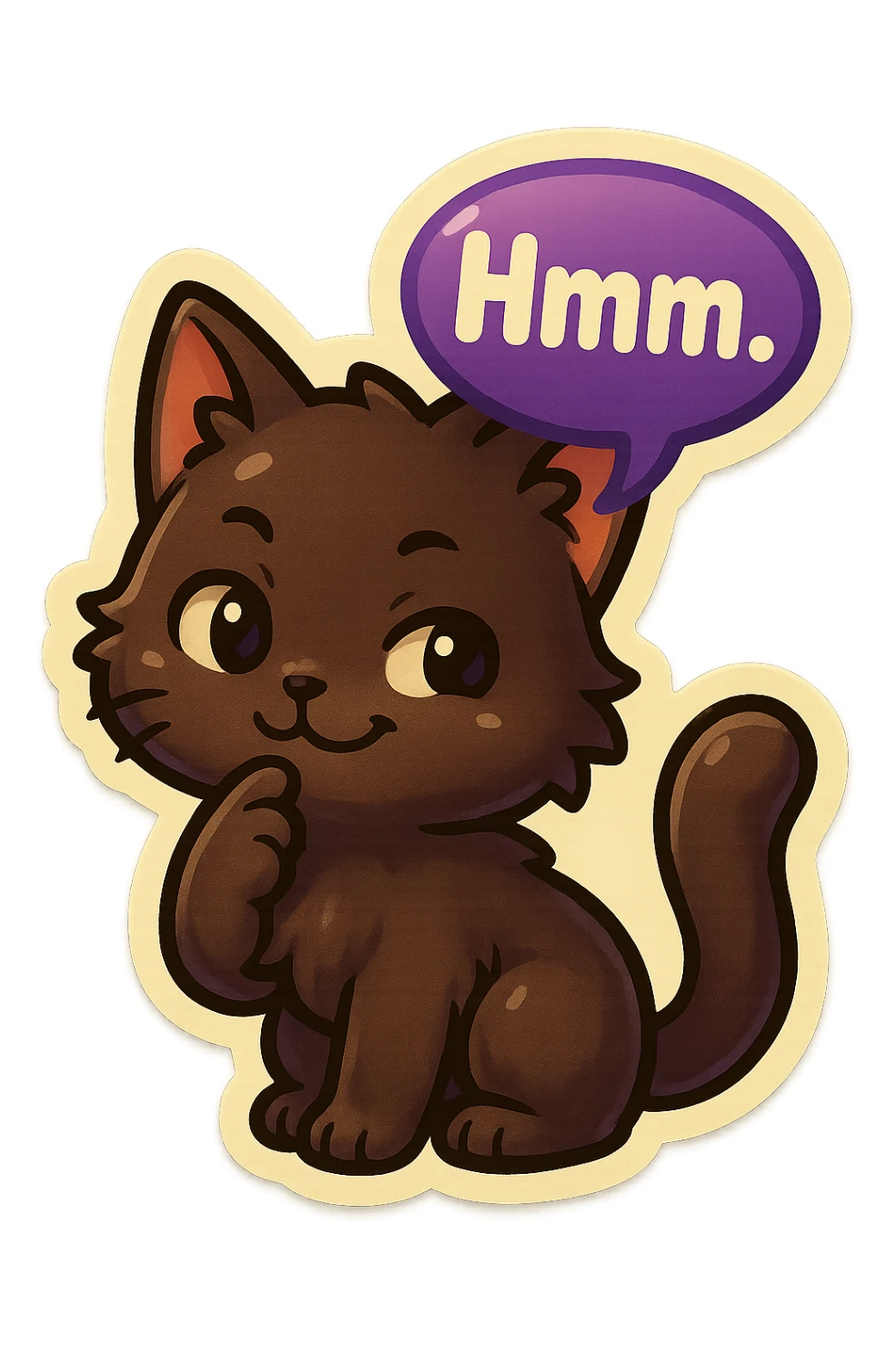 a dark-brown fluffy cute kawaii anime cat thinking smirking thoughtfully, saying “Hmm..” with a purple speech bubble sticker