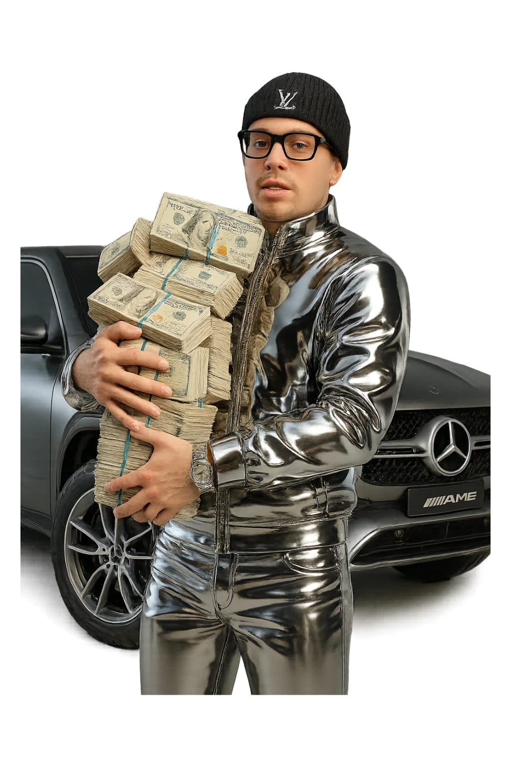 Create a chrome icon version of the person in the reference image with realistic white skin tone and natural facial features. The suit and clothing should be chrome. The hat should be black with an LV logo on top. The person should be holding realistic, full-color US dollar bills. Add Cartier-style glasses. The car behind him should be an AMG model. Only the suit and clothing are chrome; the skin is white and the hat is black with LV. sticker