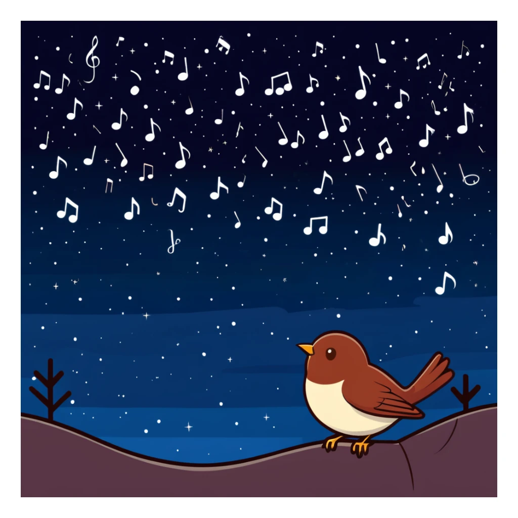 a nightingale bird singing with musical notes visible, flying against a dark starry night sky sticker