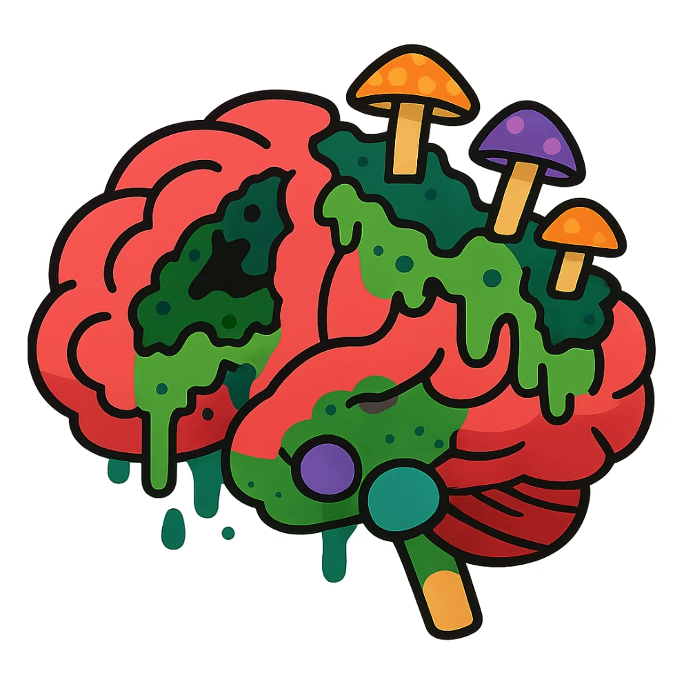 brain with parts missing, showing rot and fungus, exaggerated and colorful sticker