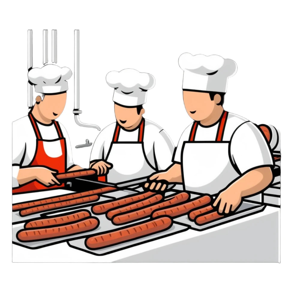 food factory making sausages with production line sticker
