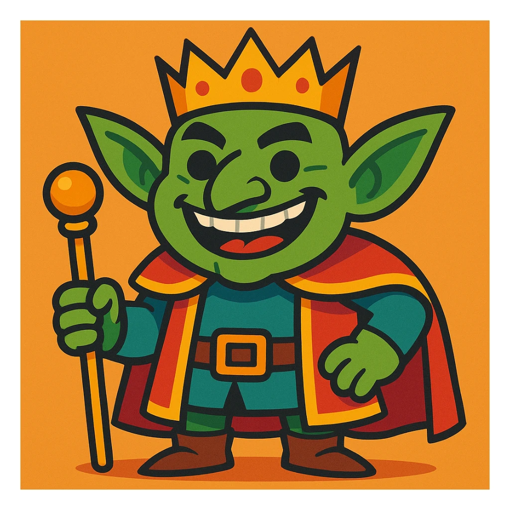 happy goblin king, beardless, wearing a crown, vibrant cartoon style sticker