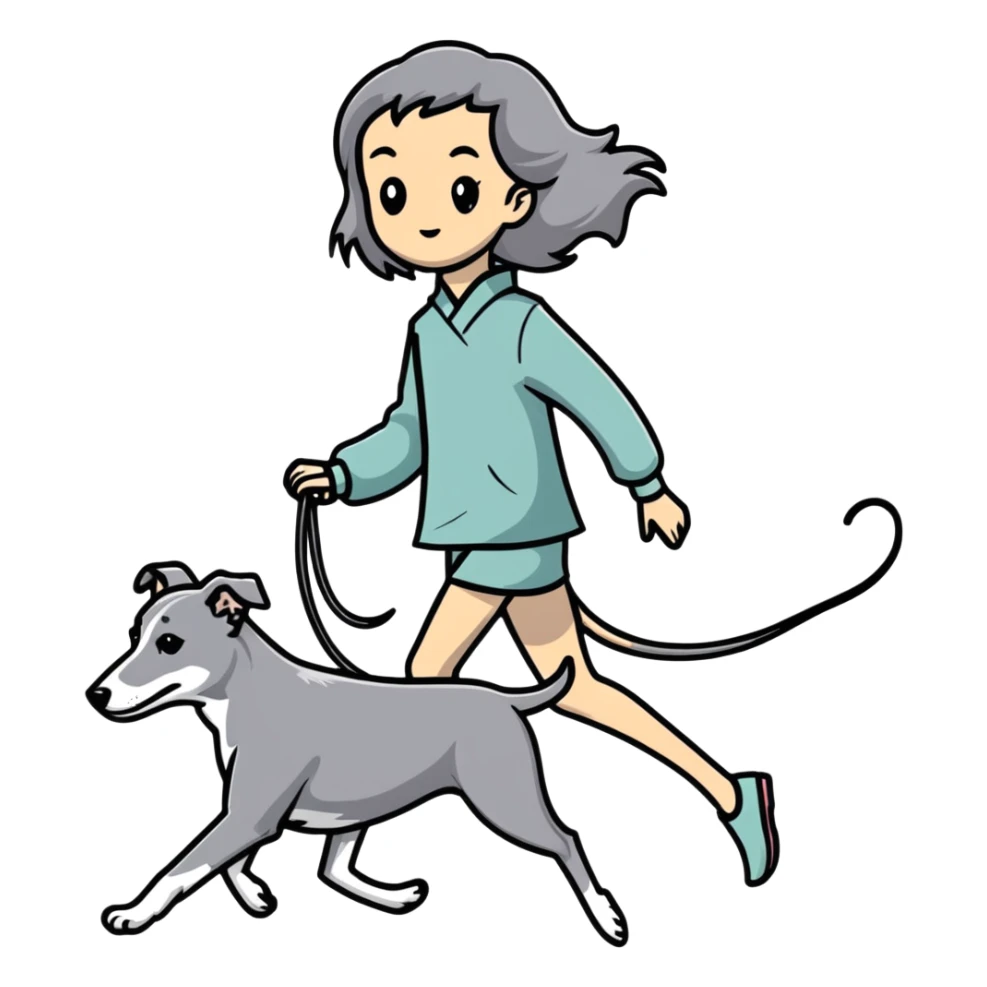 Japanese girl with flowing hair walking a solid grey greyhound with no white markings sticker