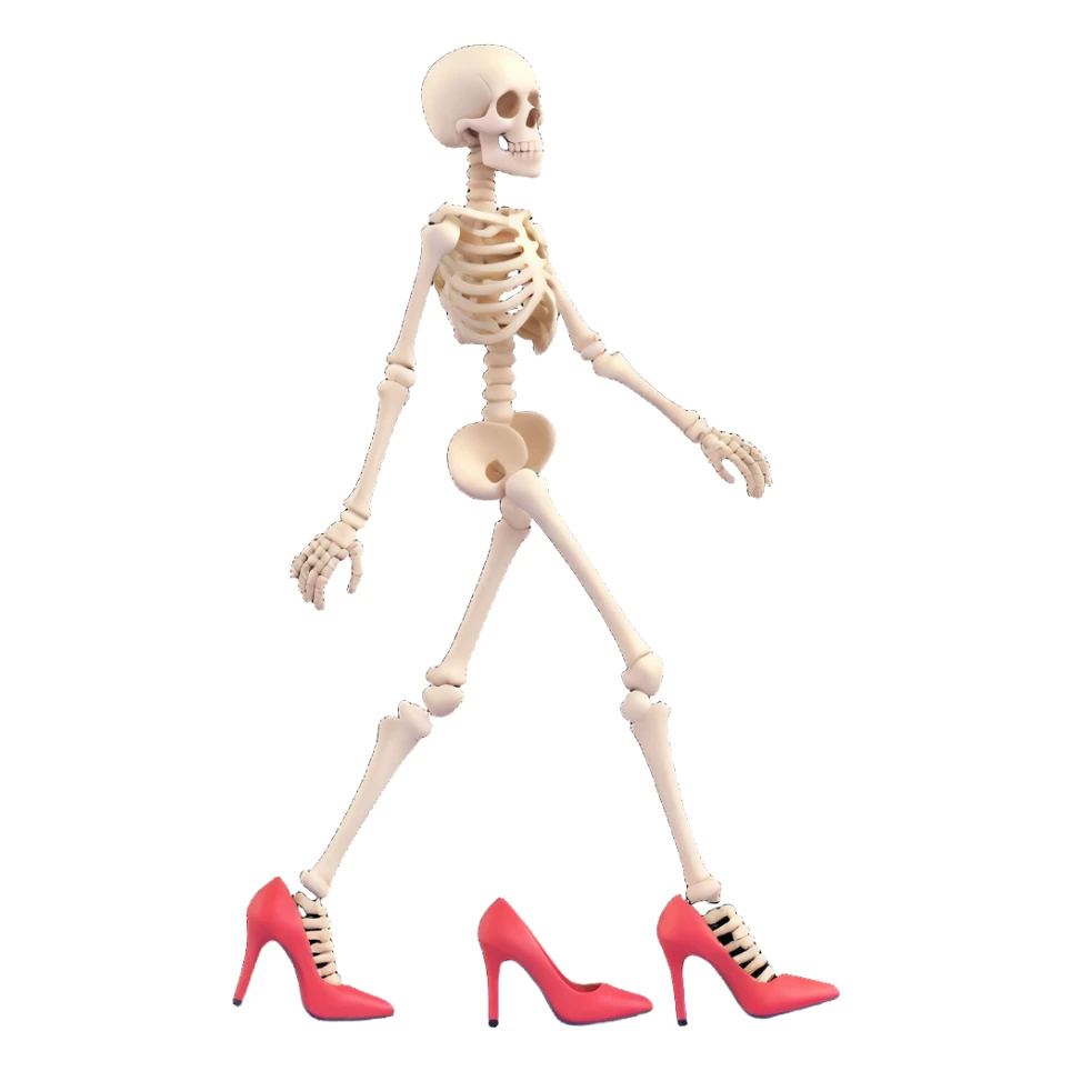 skeleton walking confidently in high heels with a fun vibe sticker