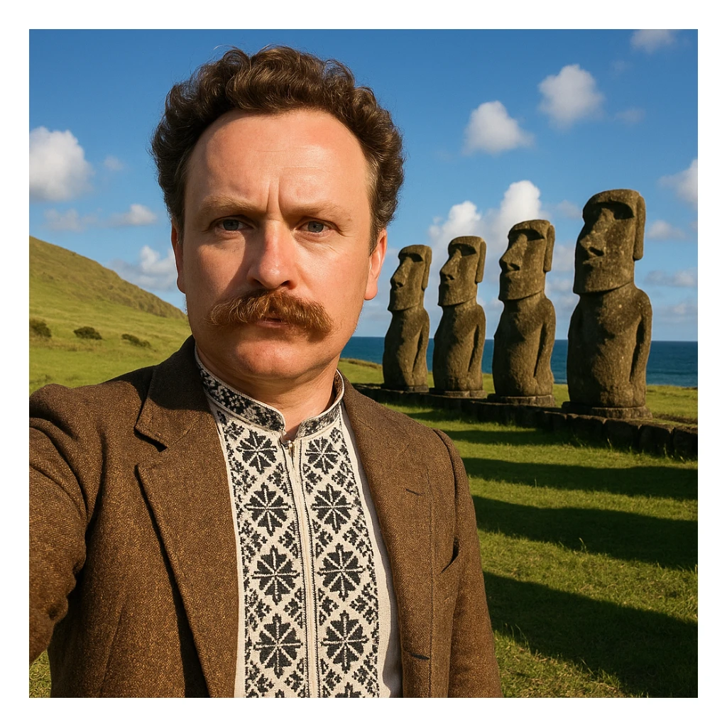 taks a selfie in front of statues on Easter Island sticker