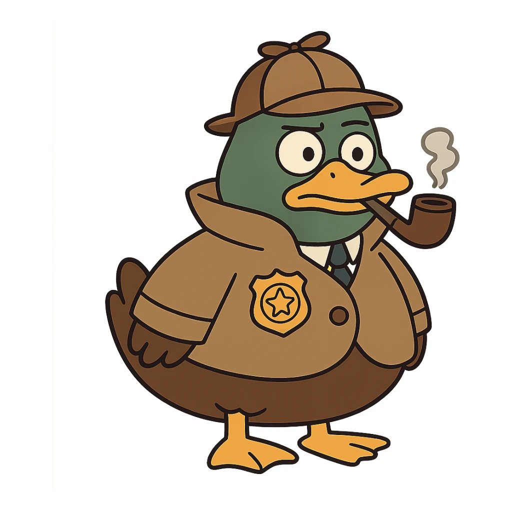 mallard duck as a detective, cute and chubby, with a pipe and a detective badge, playful cartoon style sticker