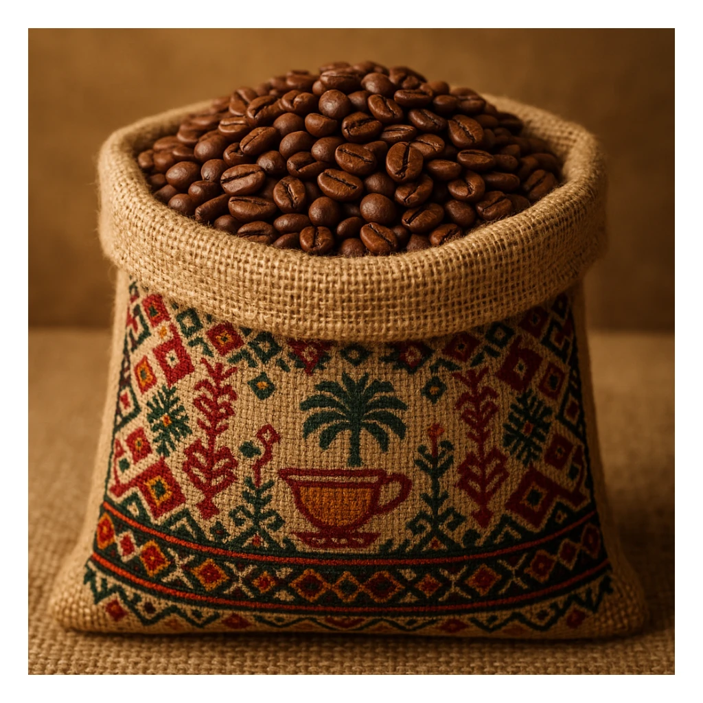 Saudi coffee beans in a burlap sack with Middle Eastern motif sticker