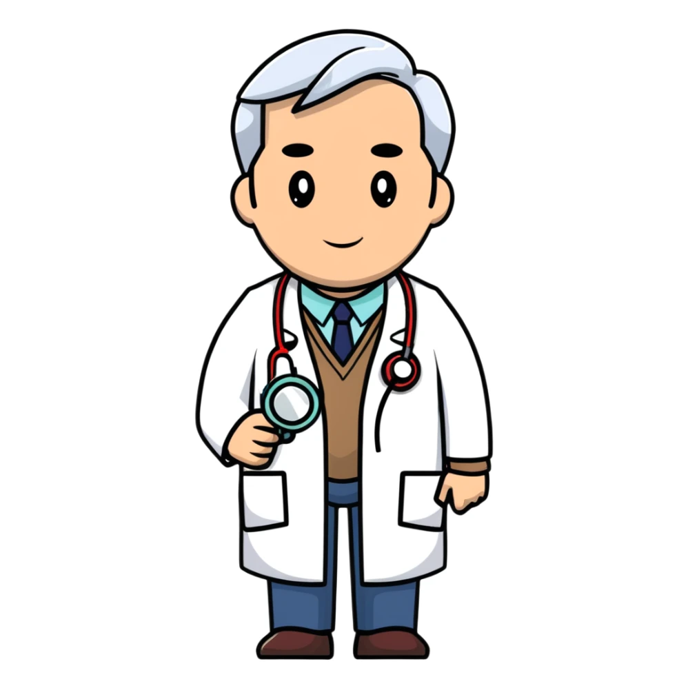 professional mature male doctor around 60 with stethoscope and white coat sticker