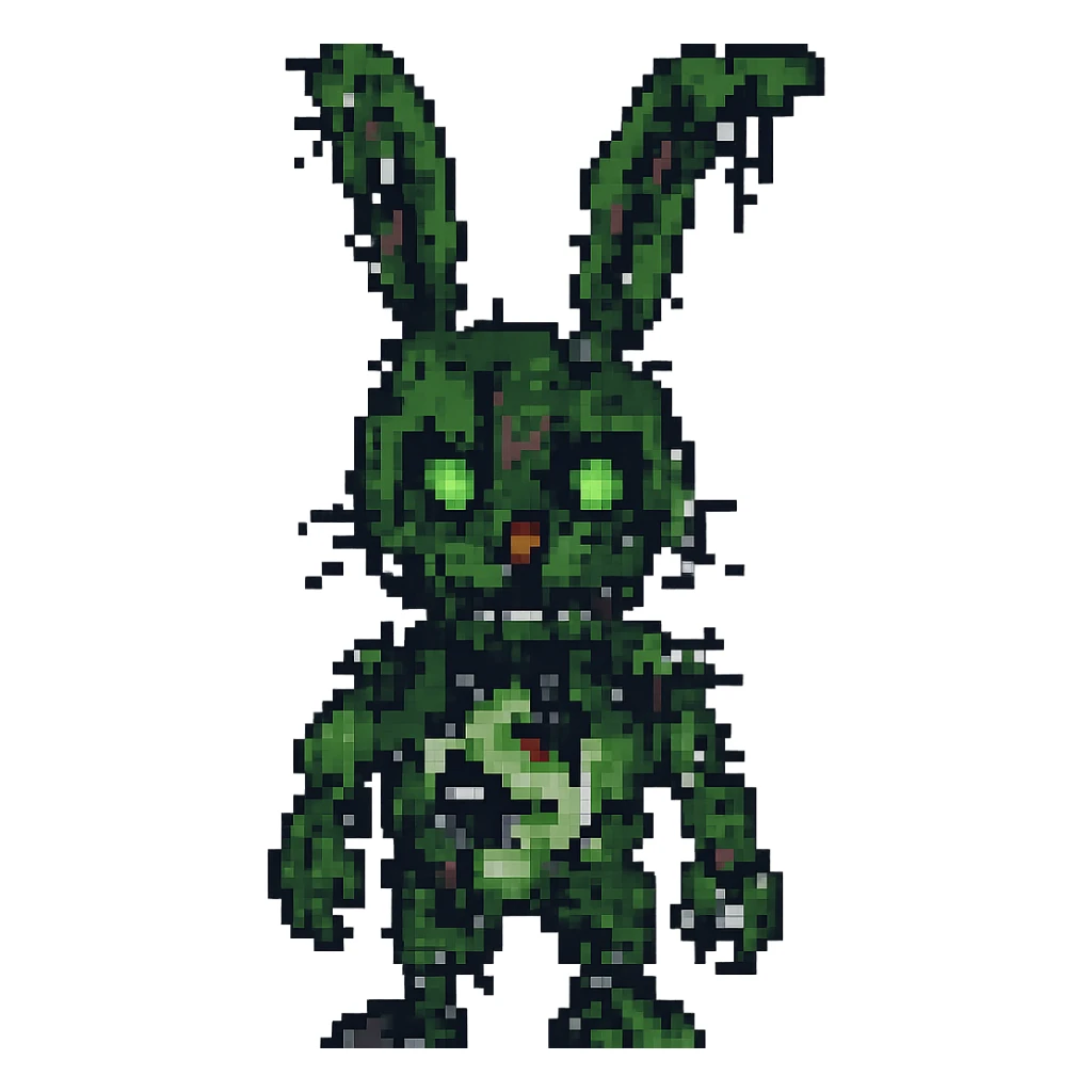Increase the damage on Springtrap, add more rips, missing chunks, and visible endoskeleton in pixel art style. Remove background. sticker