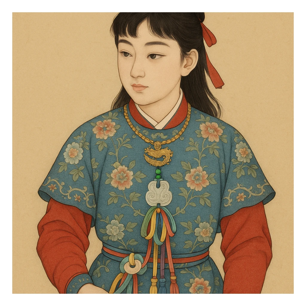 Jia Baoyu, face like the mid-autumn moon, complexion like spring dawn flowers, hair like cut by a knife, eyebrows like ink painting, nose like hanging gallbladder, eyes like autumn waves, wearing golden dragon chime necklace on neck, five-colored silk ribbons tied with beautiful jade, dressed in bright red arrow sleeves, outerwear of stone blue floral eight-group satin with tassels, waist tied with multicolored silk flower knot long tassel palace ribbon, in Chinese traditional style illustration sticker