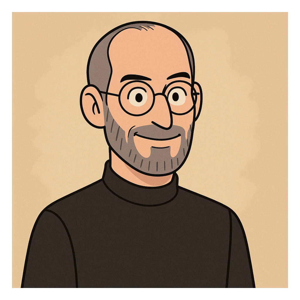 Steve Jobs, cartoon style, friendly smile, simple background sticker
