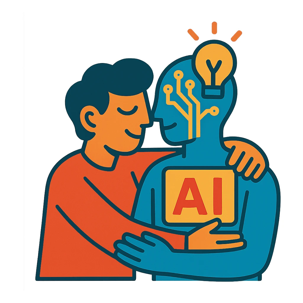 person and abstract AI icon with circuitry, light, or data in a warm embrace sticker