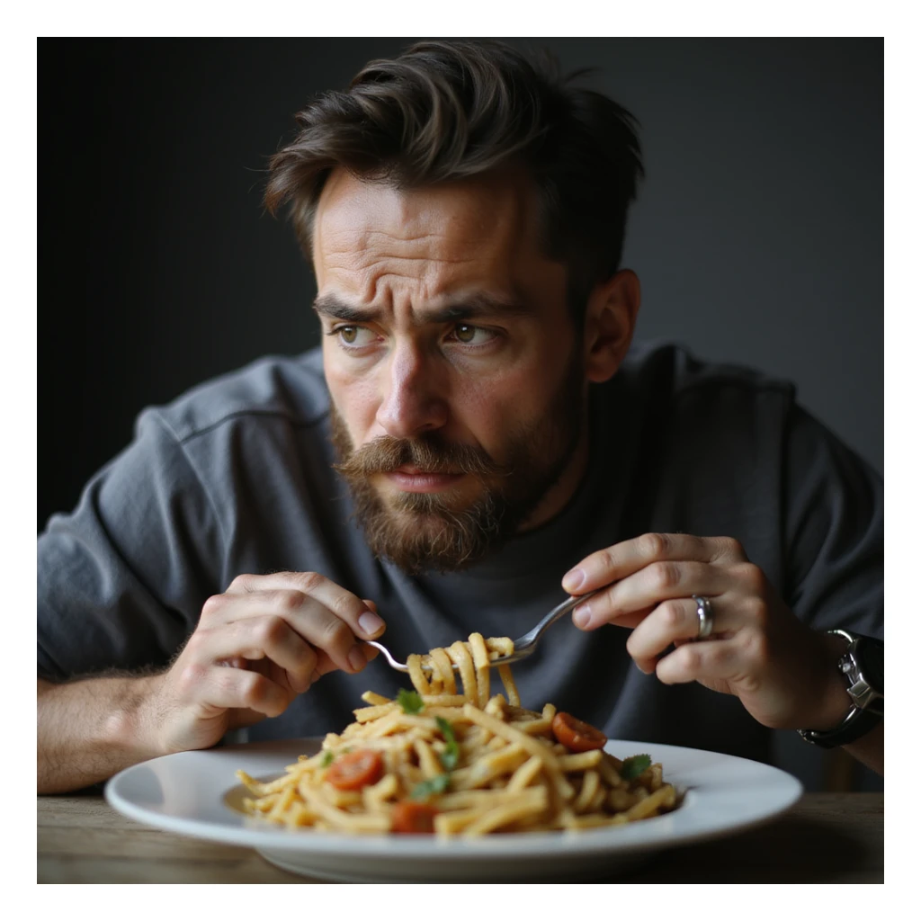uomo di circa 20 anni, triste, che mangia un piatto di pasta, espressione triste, iperrealismo 4K, variazione 7 sticker
