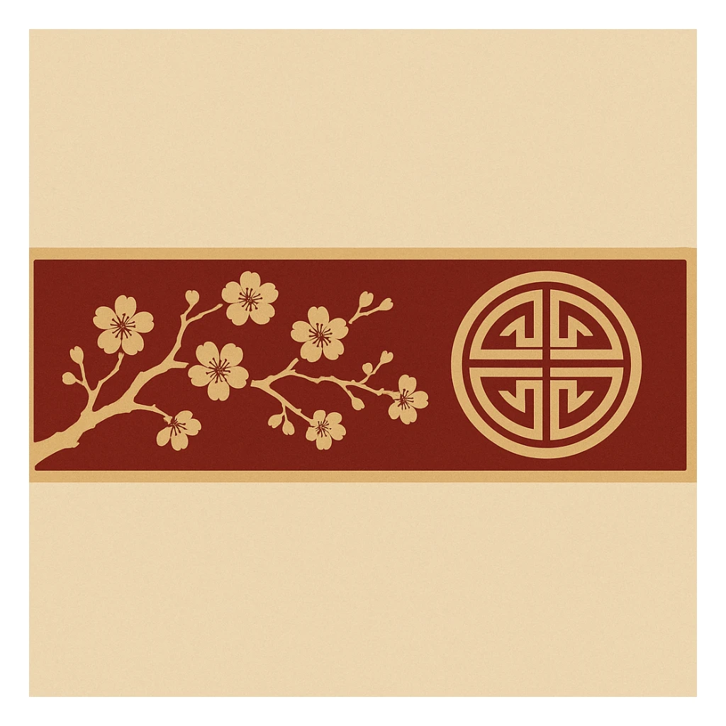 eastern style plaque for post signature, very wide and low long horizontal rectangle, only red and sand colors, with round gold ornament, sakura branch, no text, 900x180px sticker
