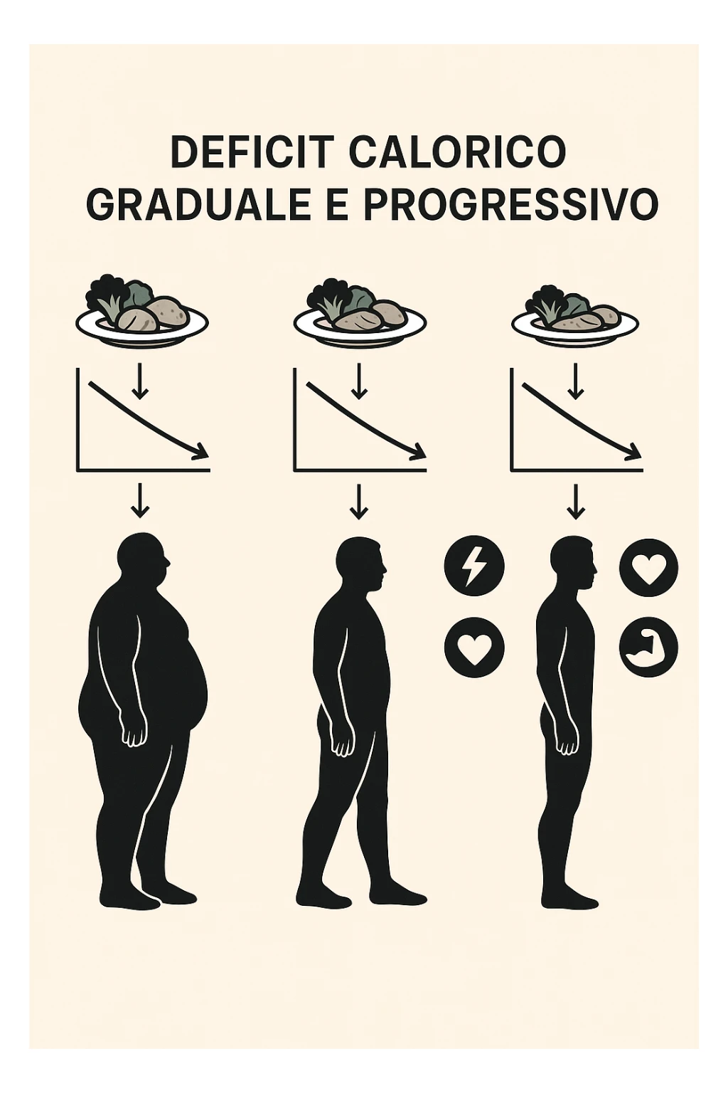 una sequenza di tre sagome umane affiancate, ognuna rappresenta una fase diversa di perdita di peso graduale. Sopra ogni figura, un piatto mostra porzioni di cibo bilanciate ma leggermente ridotte. Frecce e grafici illustrano una diminuzione lenta e costante dell’apporto calorico giornaliero, con icone che rappresentano energia, salute e mantenimento della massa muscolare. Sfondo pulito e moderno, con etichette chiare che spiegano “deficit calorico graduale e progressivo” in italiano sticker