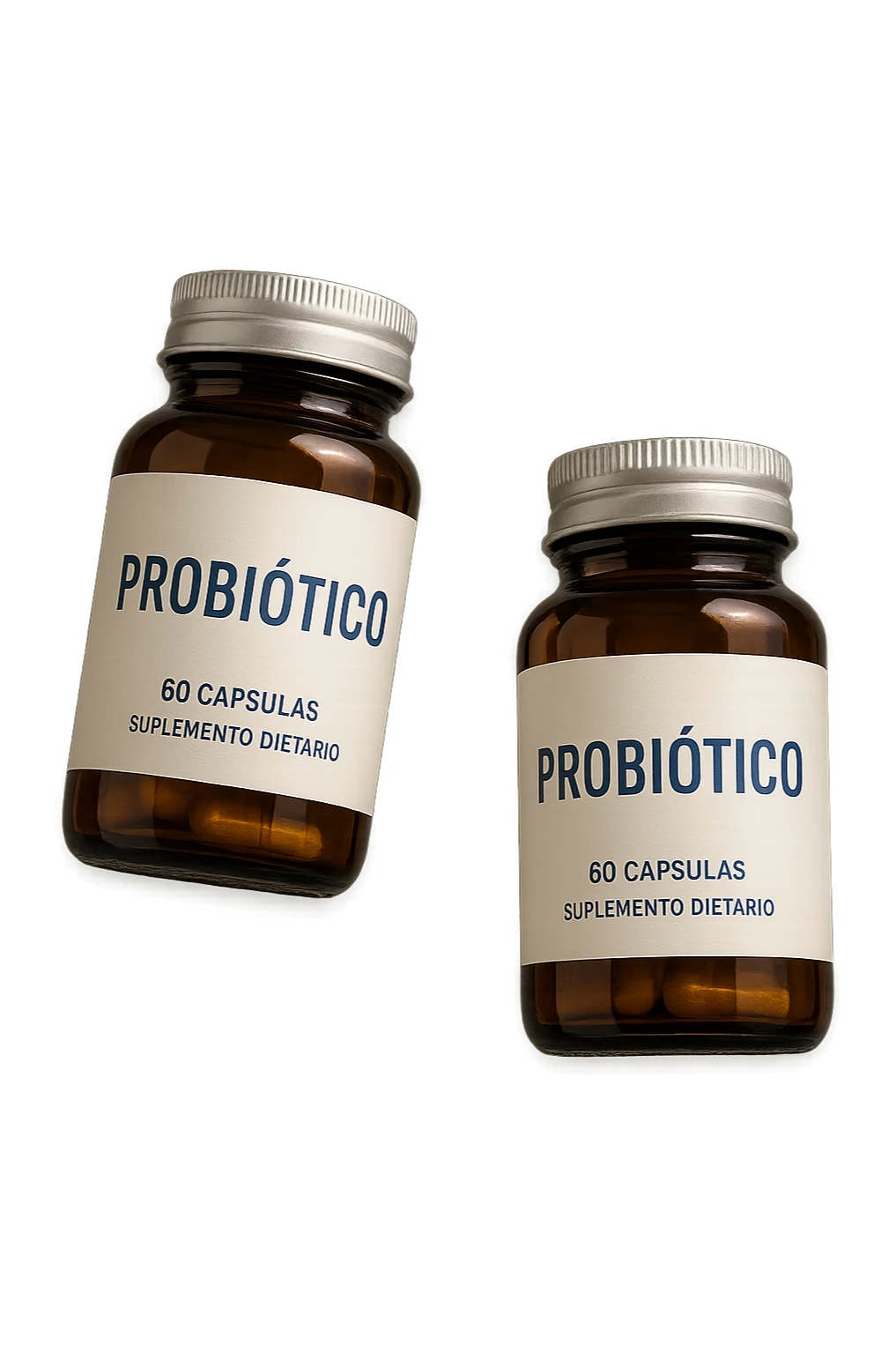 due boccette di integratori con la scritta "PROBIOTICO" SULL'ETICHETTA, FLUTTUANO IN ARIA, realistica 4k sticker