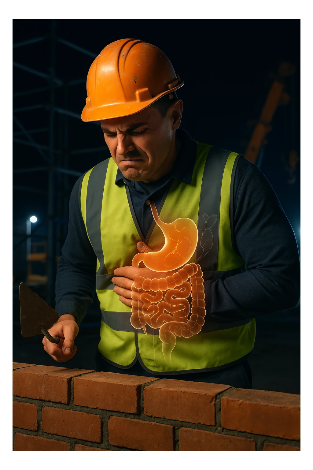 a construction worker in a reflective vest and hard hat is laying bricks at a nighttime construction site, illuminated by strong work lights. He pauses, one hand on his abdomen with a pained or uncomfortable expression, while the other holds a trowel. In the background, scaffolding and machinery are visible under the night sky. Subtle icons or overlays highlight digestive organs, suggesting the need for intestinal balance. sticker