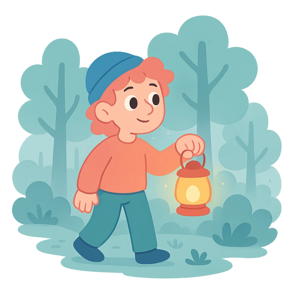 lantern glowing softly in the misty woods, calm and dreamy feel, soft pastel colors, pastel toon style sticker