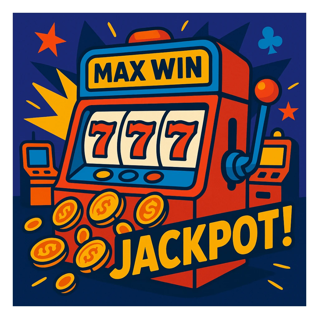 casino max win and more, slot machine jackpot, vibrant cartoon style sticker