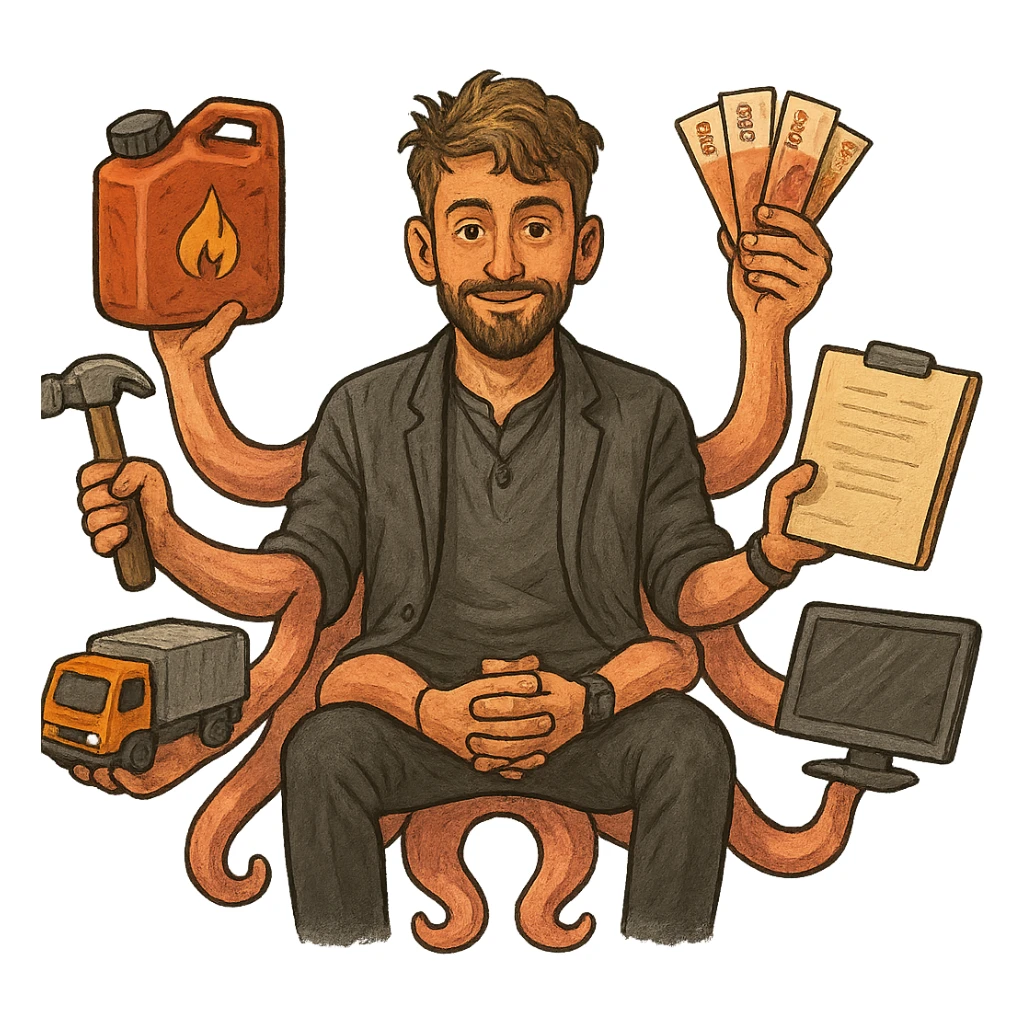 Перерисуй персонажа в объемном, но слегка рисованном стиле, у него много рук как у осьминога и он держит в них - канистру с бензином, пачку 5000 тысячных рублей, молоток, папку с бумагами, грузовой автомобиль, компьютер - фон сделай прозрачным sticker