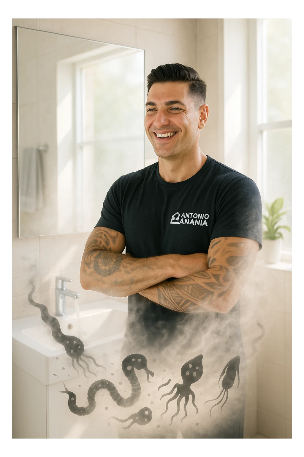 a man stands in a brightly lit bathroom, looking relieved and revitalized as he examines his reflection in the mirror. In the foreground, stylized, shadowy images of parasites (such as worms or protozoa) are shown leaving his body, dissolving into mist or fading away. His posture is upright and his expression is one of newfound energy and health. sticker