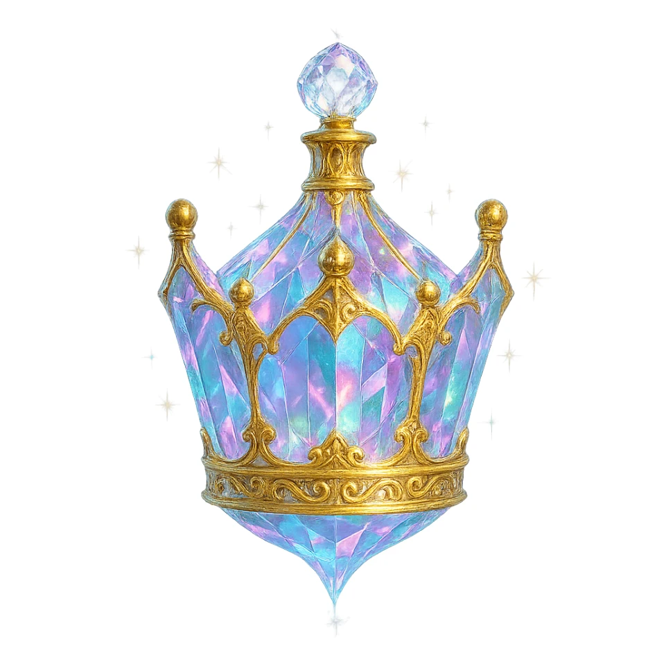 luxurious crystal elixir bottle shaped like a crown, pastel gradient, lots of glowing highlights, facets, ornaments, golden details, magical effects, very small golden neck, transparent background, beautiful merging base, clearly floating in air, no base or shadow, premium class impression, interesting design, fits crystal, luxurious, magical bottle collection sticker