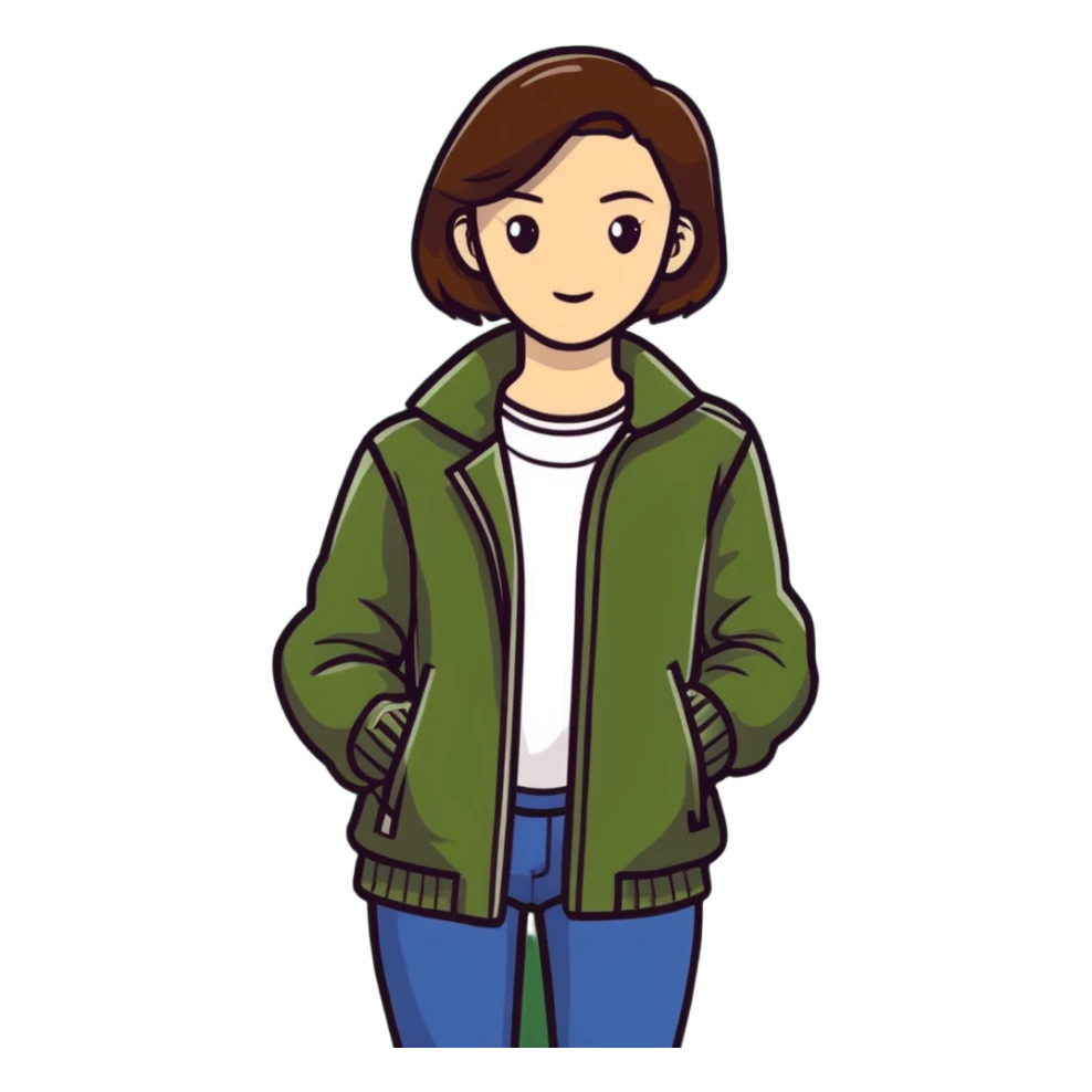woman wearing dark olive green jacket over a lighter green top sticker