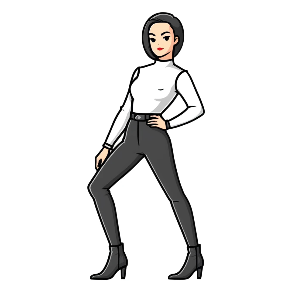 female character with oval-shaped flat-top head wearing tight black pants and black medieval high-heeled boots sticker