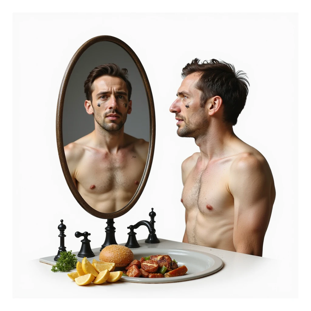 realistic man with marked face and dull eyes, mirror reflecting an image of himself with dull skin and fragile hair, healthy fatty foods barred on the sink, Italian caption: 'No grassi buoni: effetti visibili', isolated on white background sticker