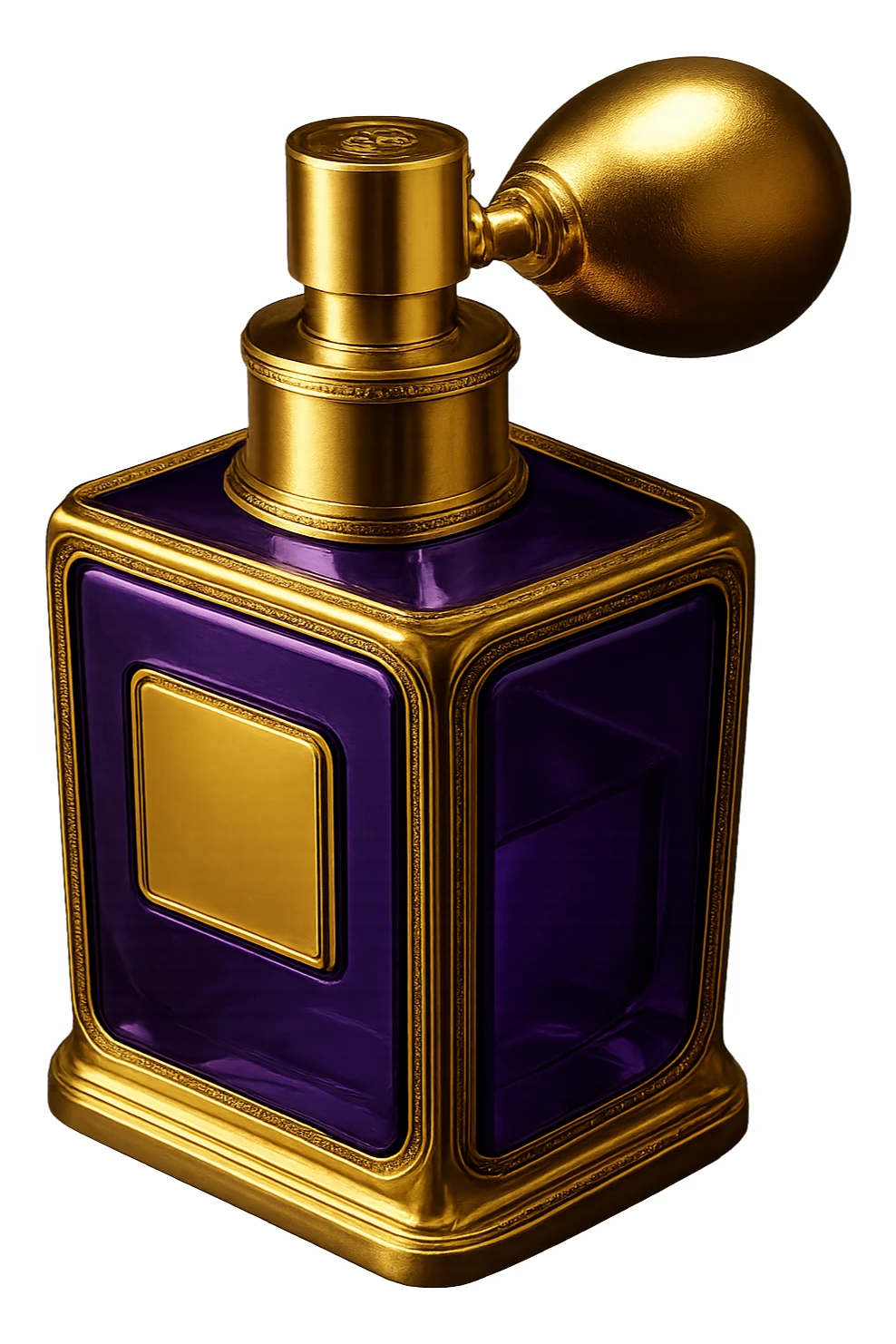 Make this purple perfume bottle look more luxurious with elegant details and add gold accents. Keep the background transparent. sticker