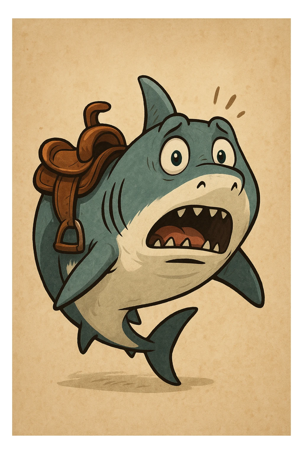 Удивленная акула, на которой седло удивленно смотрит на зрителя sticker