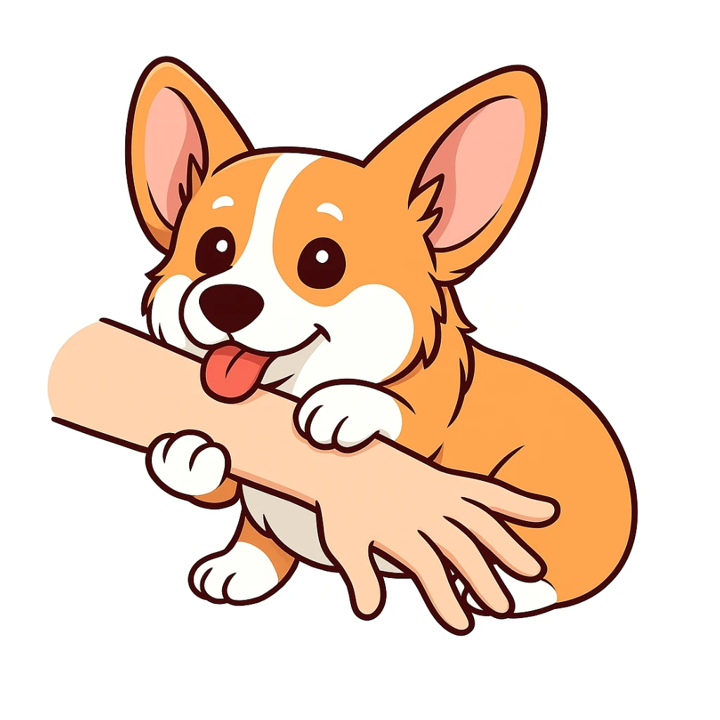 изобразить моего корги, сохранив внешность и телосложение в позе и эмоции как на первом референсе
обхватывает передними лапками человеческую руку и мило прикусывает sticker