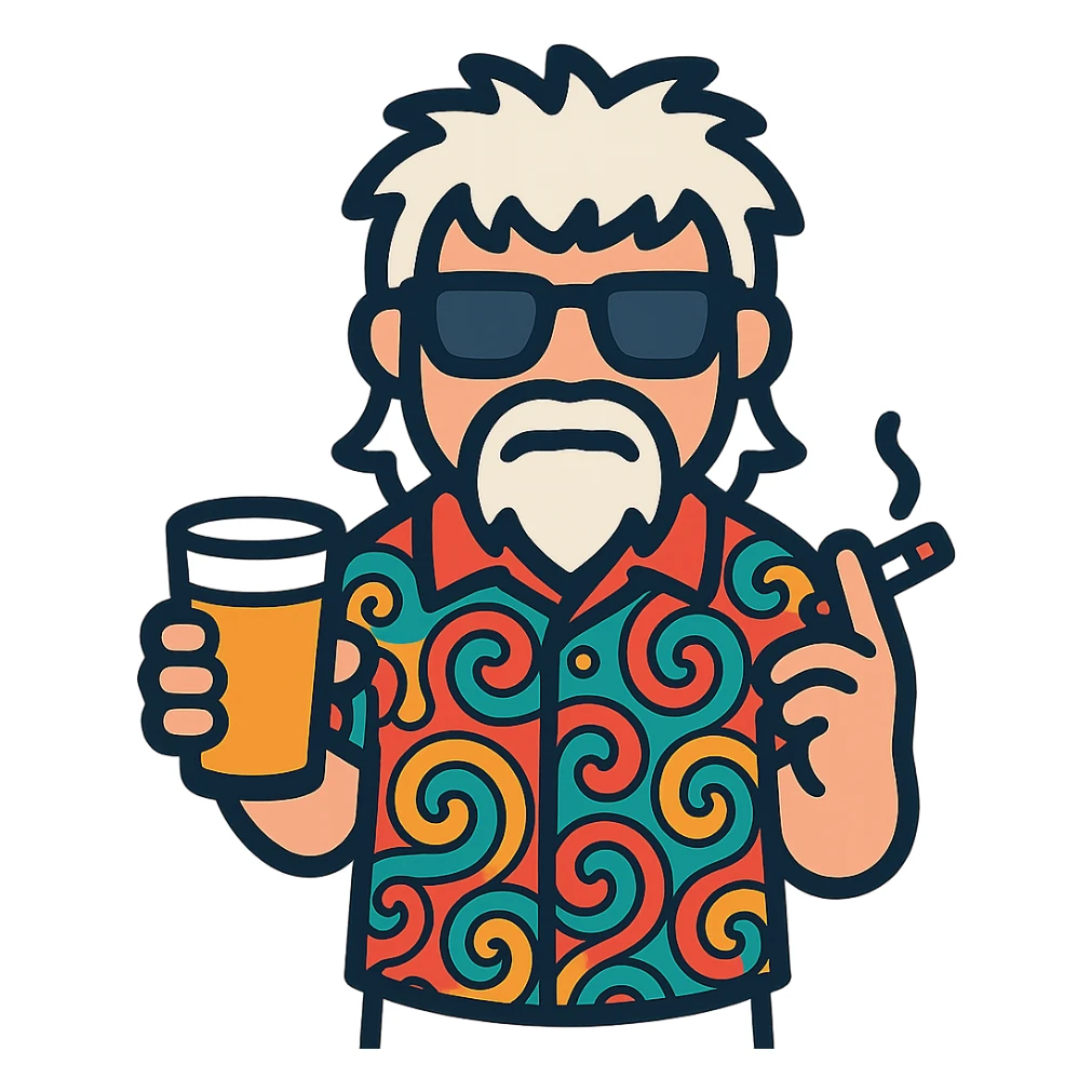 Create an icon of John Daly holding a beer and a cigarette, in the same style as the reference image, with a transparent background. sticker